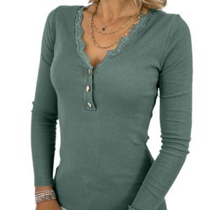 Olive Lace Trimmed Henley  *ALL ITEMS ARE NEW, FROM MY CLOSED BOUTIQUE* #9251